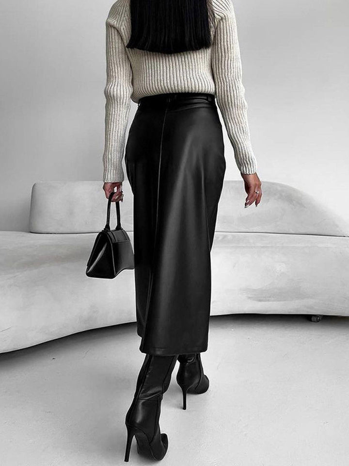 Versatile high-waist midi skirt for women, showcasing a fashionable slit, suitable for any elegant occasion