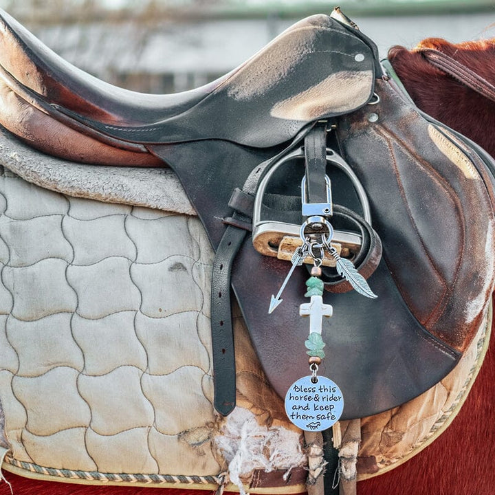 Unisex elegant horse saddle & bridle charm clip showcased, full view