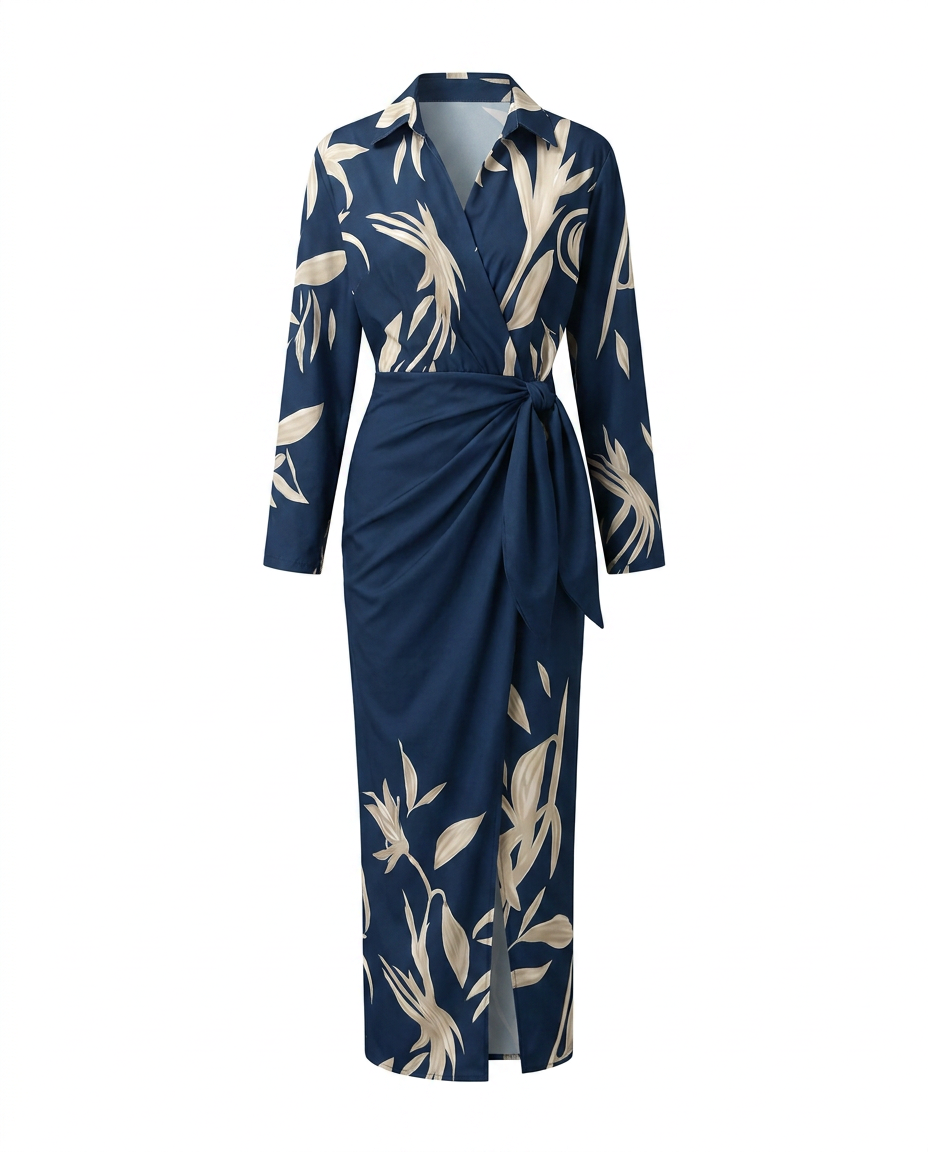 Sophisticated long sleeve leaf print maxi dress, wrap design with an elegant side slit.