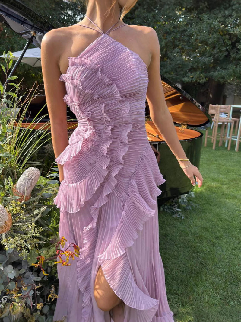 Elegant women's sleeveless ruffled midi dress in lilac. Chic and versatile for any summer party or occasion.