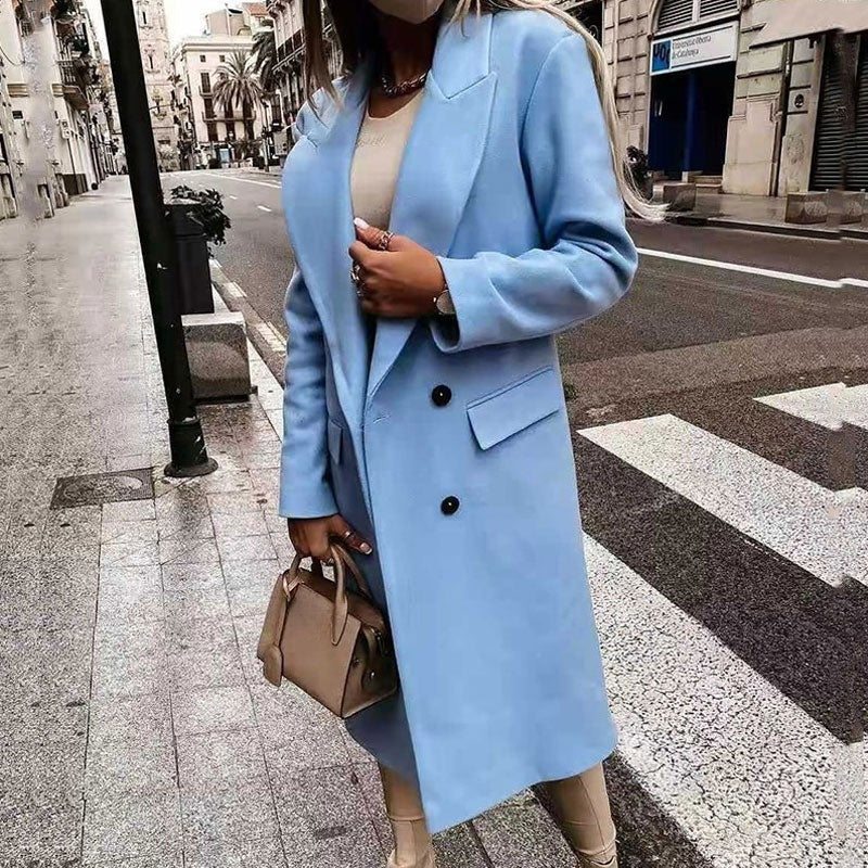 Ladies' stylish long button coat, elegant autumn jacket, versatile for daily wear.