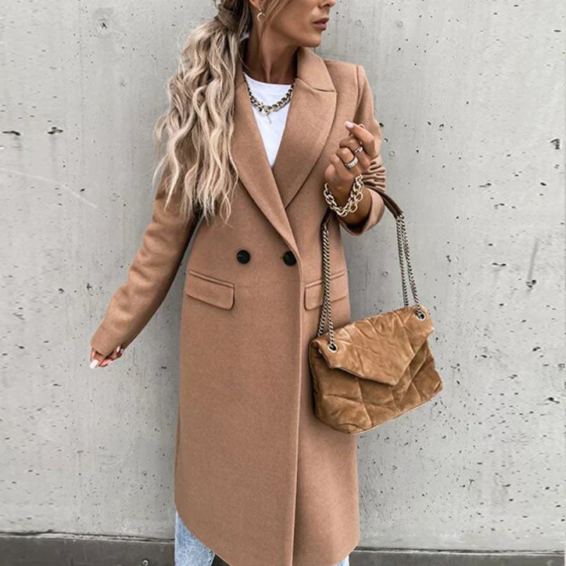 Women's elegant long coat, stylish button design, perfect for autumn outerwear.