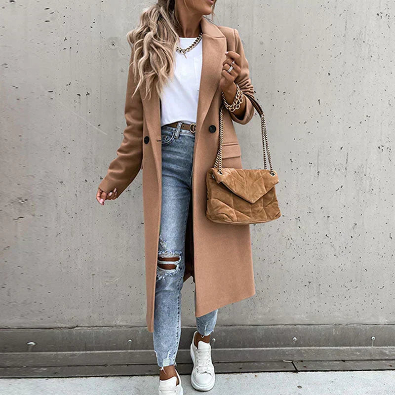 Fashionable long women's button coat, elegant and warm for winter season.