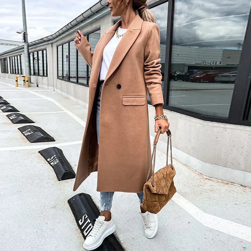 Elegant long button-placket women's coat, classic style for stylish autumn fashion.