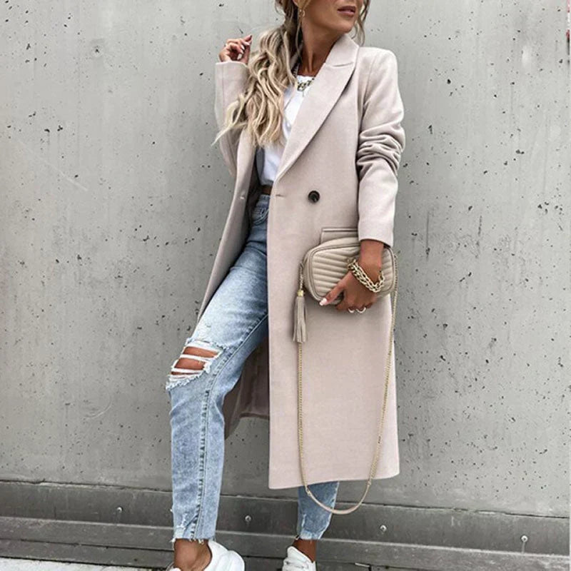 Classic women's long button coat, stylish elegant outerwear for cold weather.