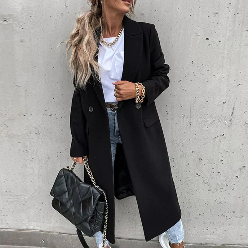 Elegant long button coat for women, ideal winter fashion and stylish daily wear.