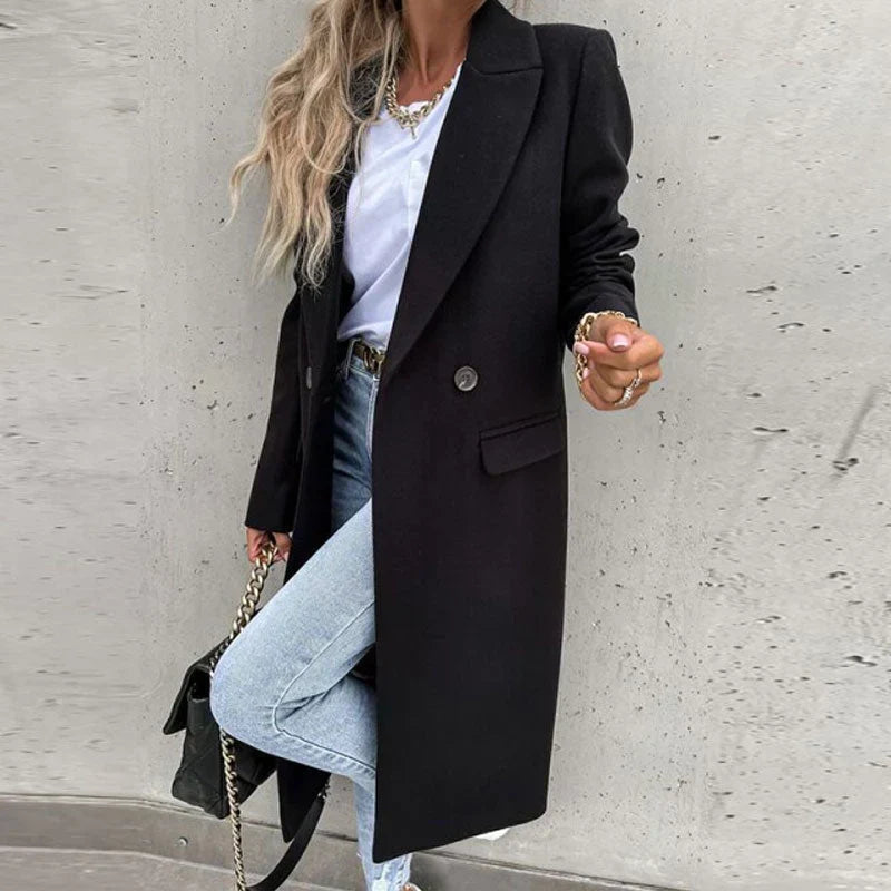 Versatile women's long coat with buttons, elegant classic style for autumn outerwear.
