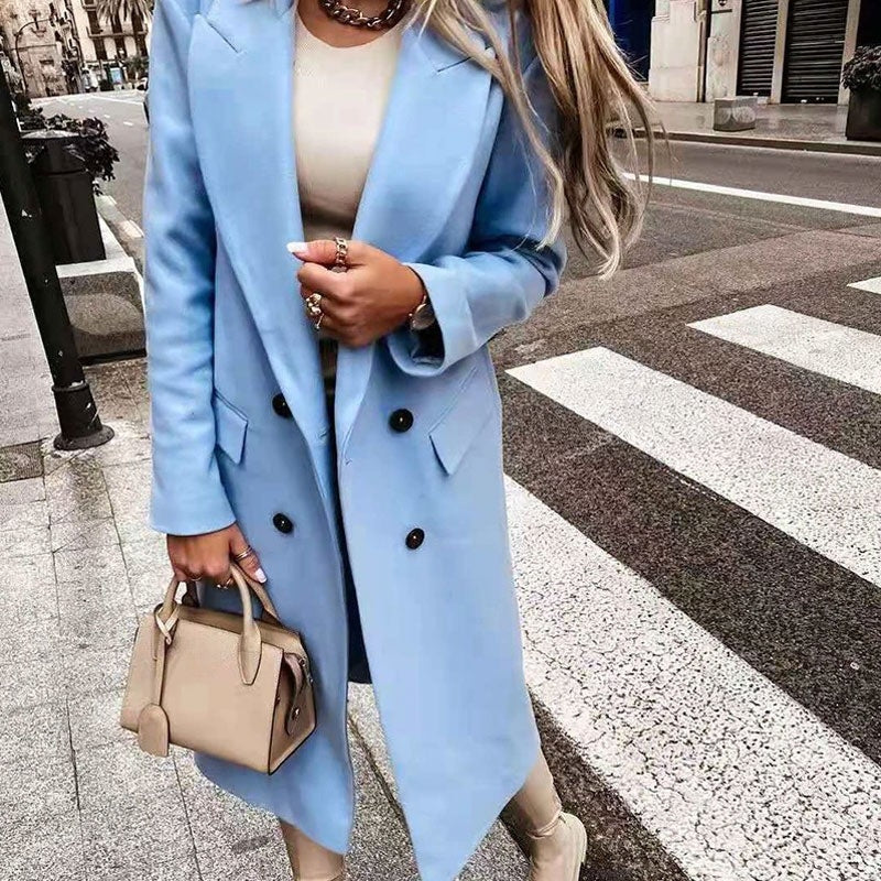 Classic women's elegant long coat, button design, perfect for cold weather.
