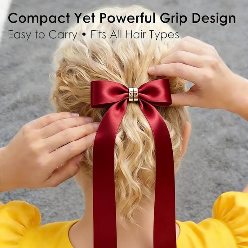 Close-up of the magnetic mechanism on a women's bow hair clip for easy, secure hold.