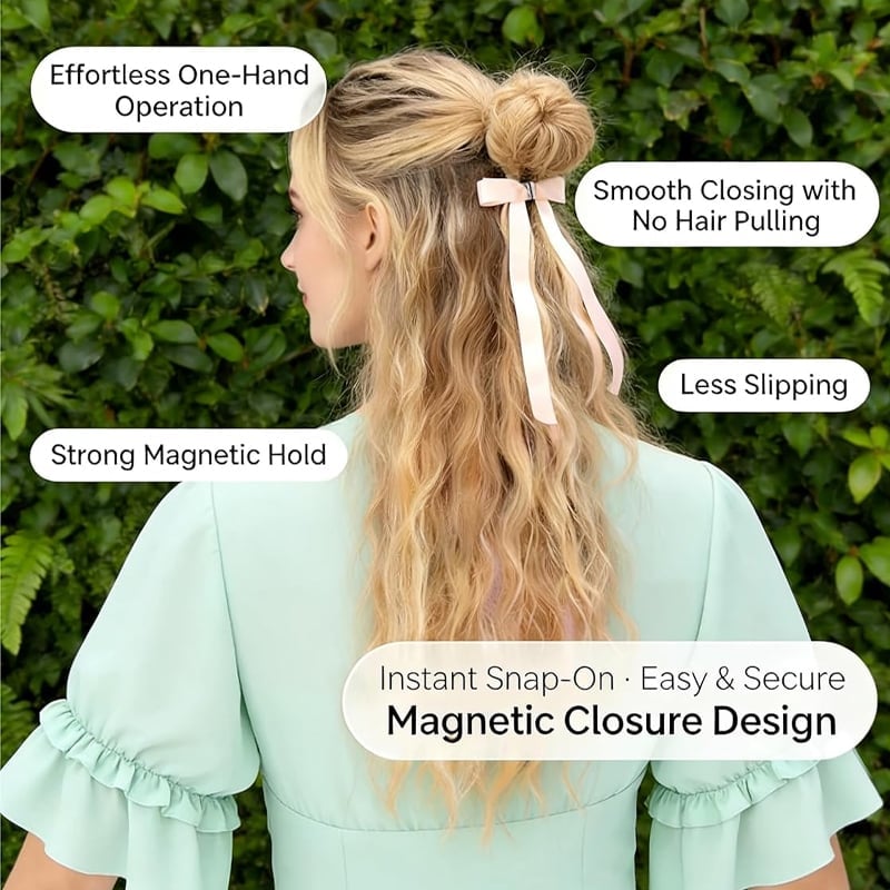 A woman demonstrating how to use the magnetic bow hair clip for voluminous hair.