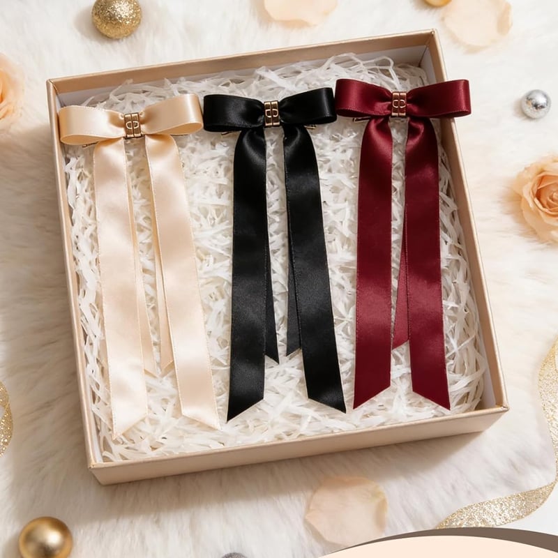 Detail of the fabric and bow design of a magnetic hair clip for women's hair volume.
