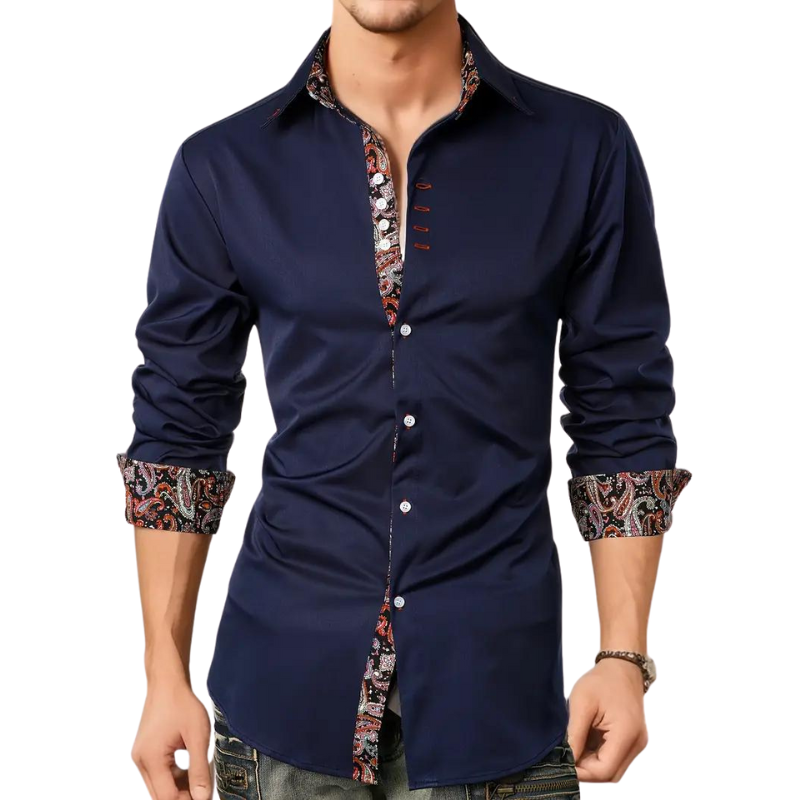 Man wearing elegant slim fit long sleeve button down party dress shirt for a formal event.