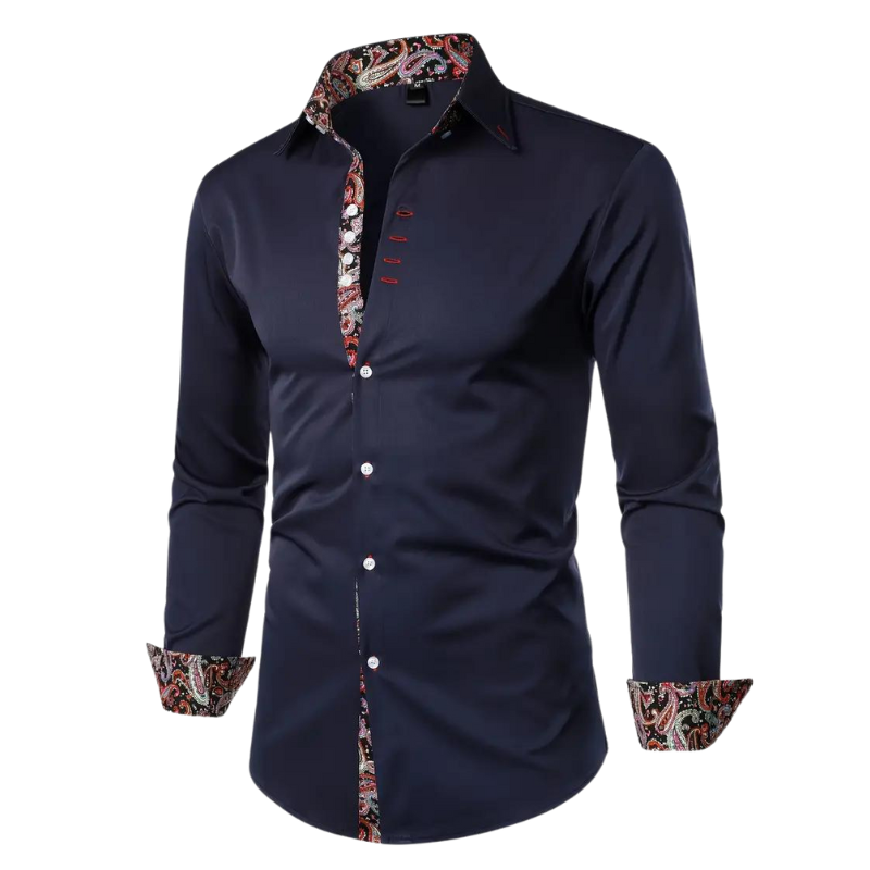 Detail of men's elegant slim fit party dress shirt. Long sleeve button down, sophisticated texture.