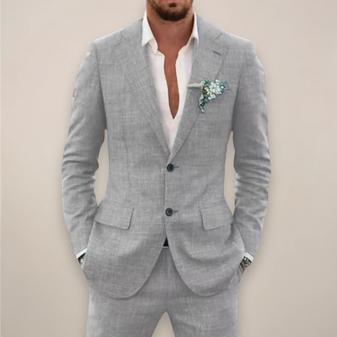 Sophisticated tailored men's suit, lightweight, perfect for summer weddings & events.