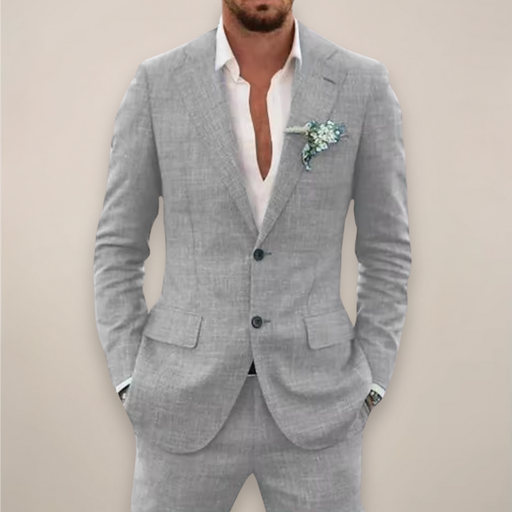 Sophisticated tailored men's suit, lightweight, perfect for summer weddings & events.
