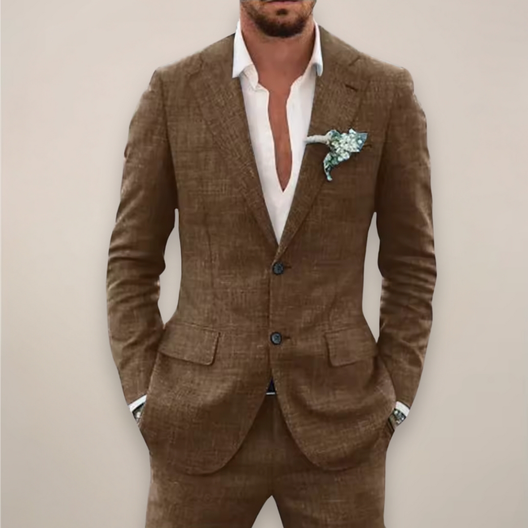 Elegant men's tailored suit, ideal formal wear for spring/summer business or wedding occasions.