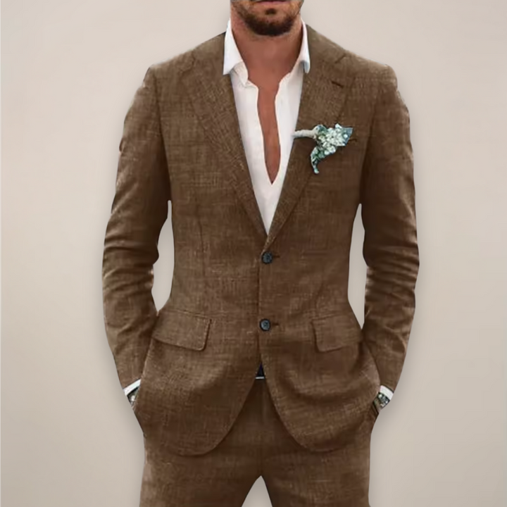 Elegant men's tailored suit, ideal formal wear for spring/summer business or wedding occasions.