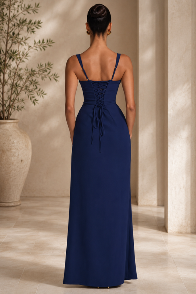 Beautiful women's blue maxi evening dress, an elegant formal gown for parties.