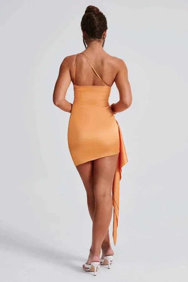Sophisticated women's one-shoulder draped mini dress for homecoming & evening events.