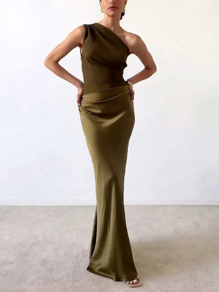 Women's formal one-shoulder pleated maxi gown, ideal for evening events, galas & weddings.