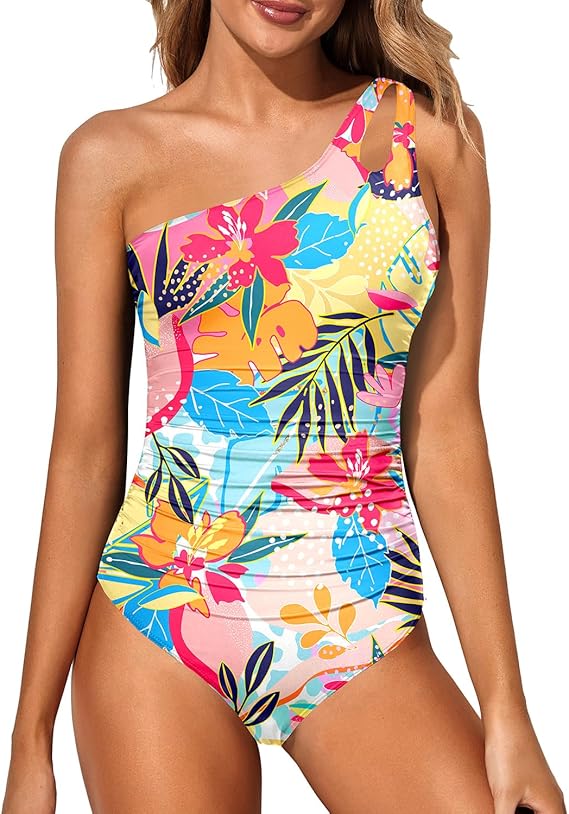 Elegant one-shoulder women's swimsuit, full coverage and tummy control for confidence.