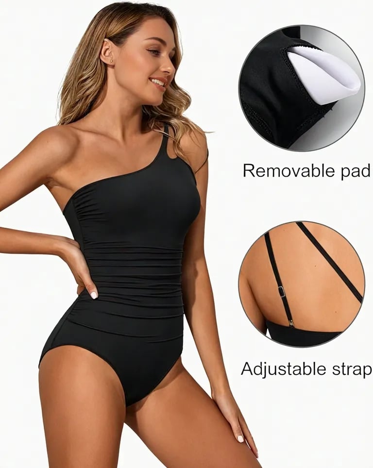Stylish women's one-shoulder swimwear with tummy control, ideal for beach and pool.