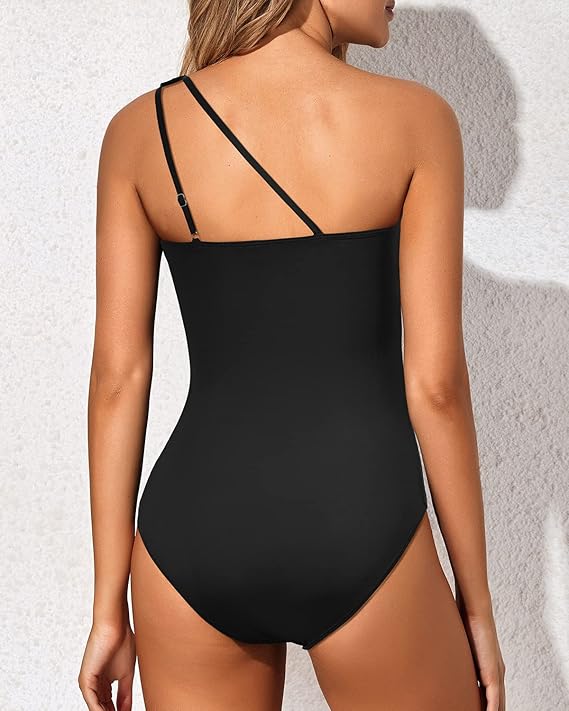 Elegant women's one-shoulder bathing suit with tummy control for a flattering silhouette.