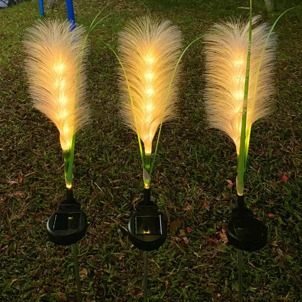 Warm glow from decorative reed lights on a garden path at night, creating cozy outdoor ambiance.