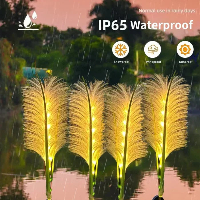 Solar-powered reed garden lights casting a soft glow, ideal for eco-friendly landscape ambiance.
