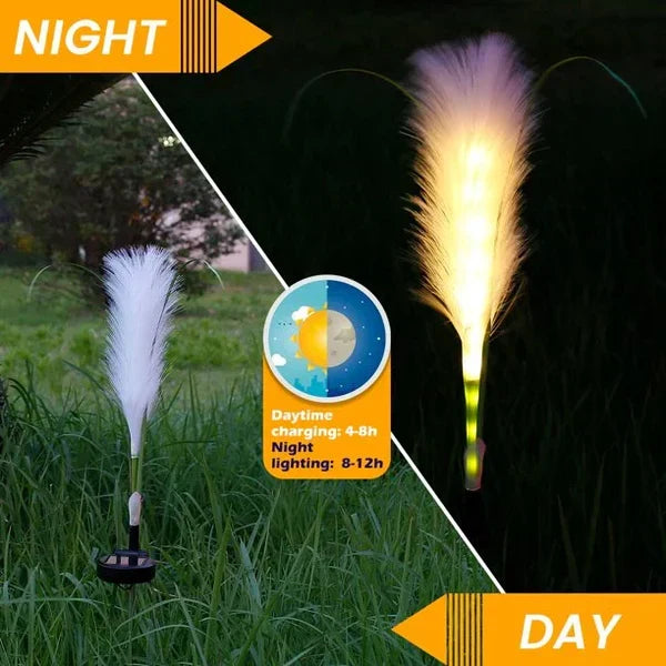 Waterproof reed garden lights adding elegance to outdoor spaces, perfect for all-weather patio decor.