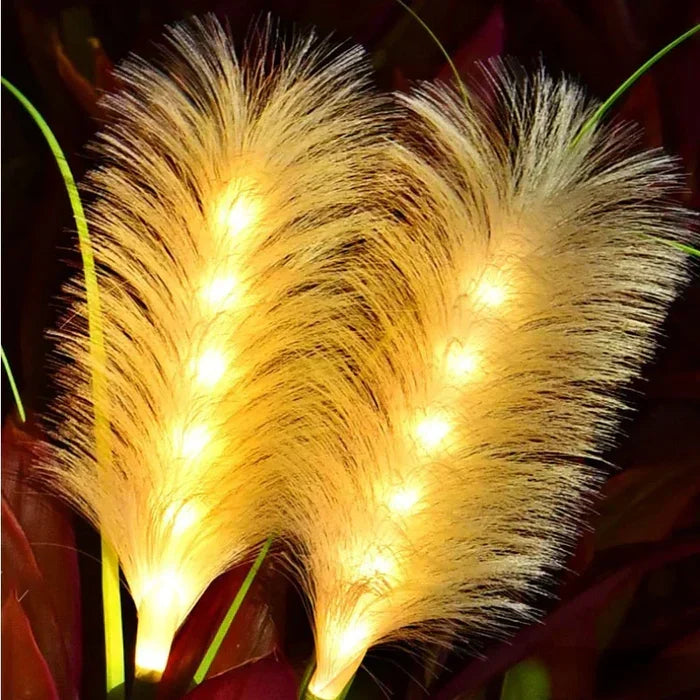 Stylish reed pathway lights, enhancing garden aesthetics and providing ambient outdoor illumination.
