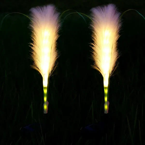 Reed-style garden lights adding decorative flair to a backyard, ideal for unique outdoor lighting.