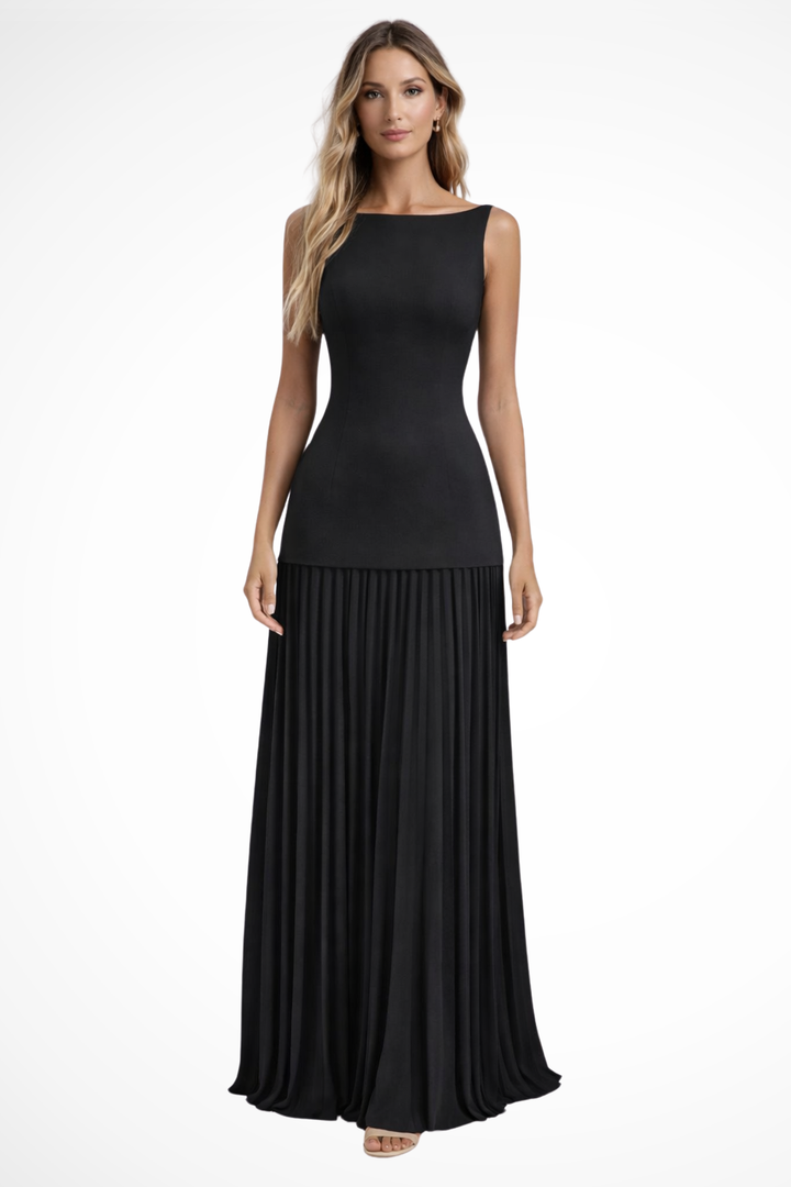 Women's long pleated evening gown, ideal for galas, proms, and special occasion wear.