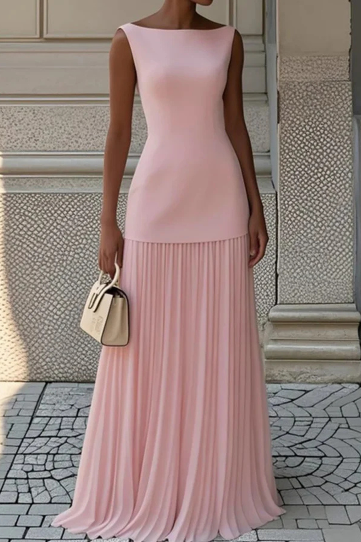Women's formal pleated long dress, ideal as a wedding guest or gala evening gown.