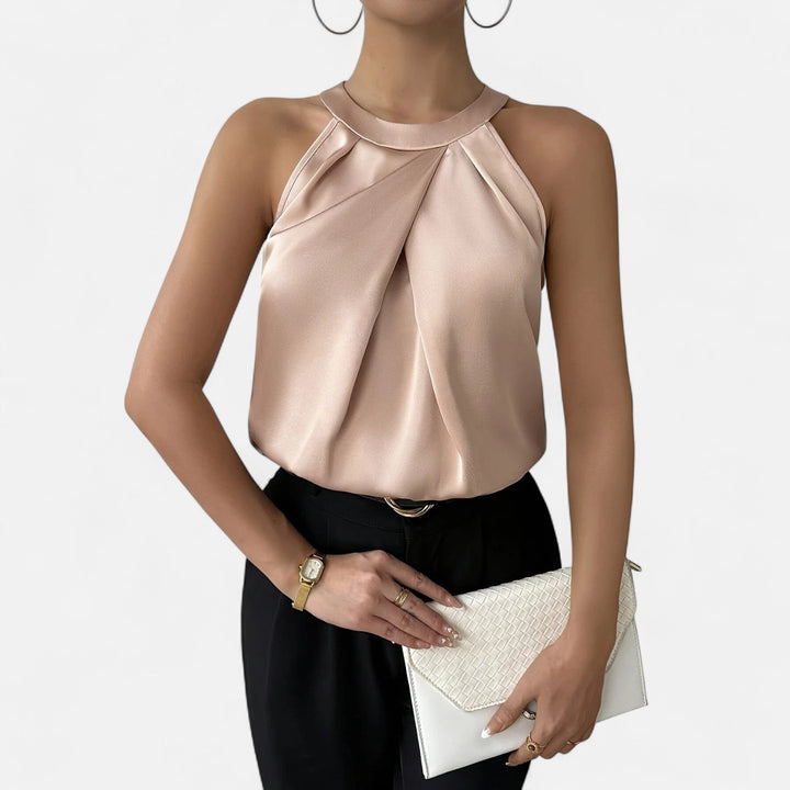 Elegant pleated satin draped tank top for women in beige, ideal for formal wear and fashion.