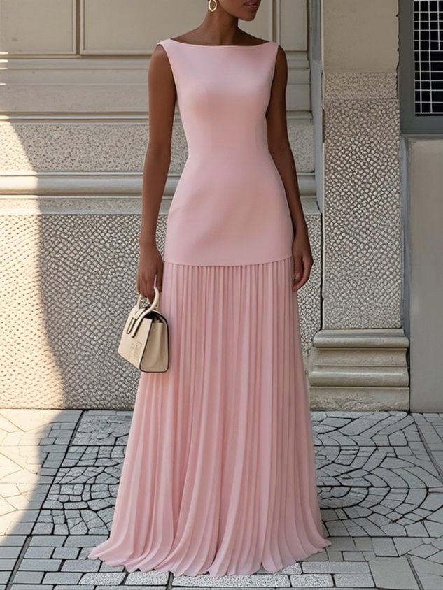 Women's flowy beige pleated maxi dress with elegant sleeveless design, ideal for formal or casual summer wear.