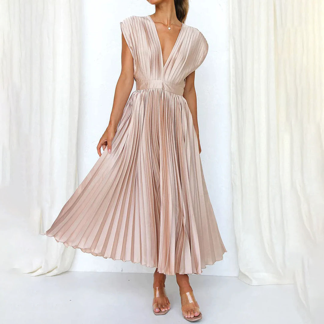 Elegant pleated V-neck midi dress for women, perfect as a wedding guest or cocktail party dress.