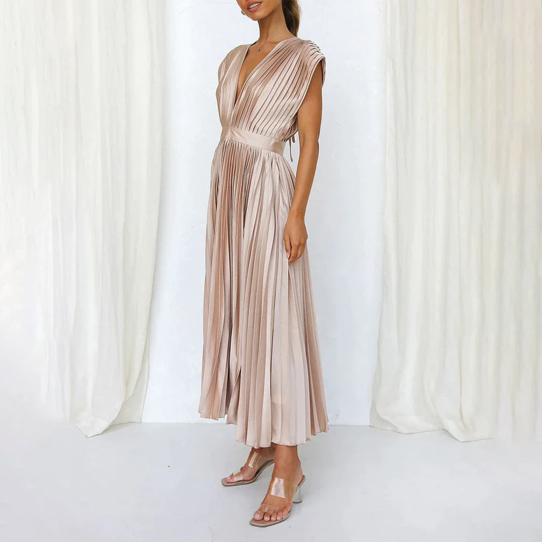 Sophisticated women's V-neck midi wedding guest dress with elegant pleating detail.
