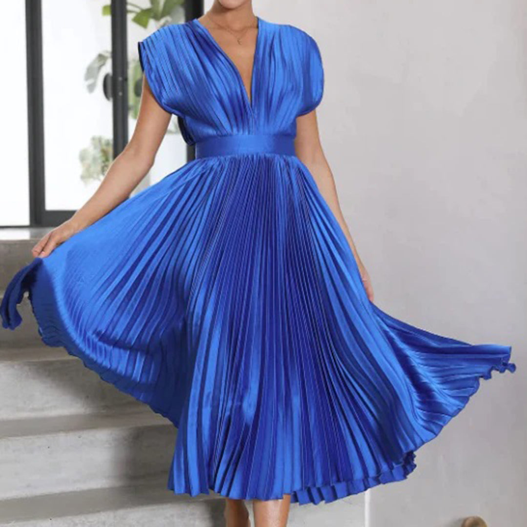Formal V-neck pleated midi dress for women, an elegant choice for any special occasion or party.