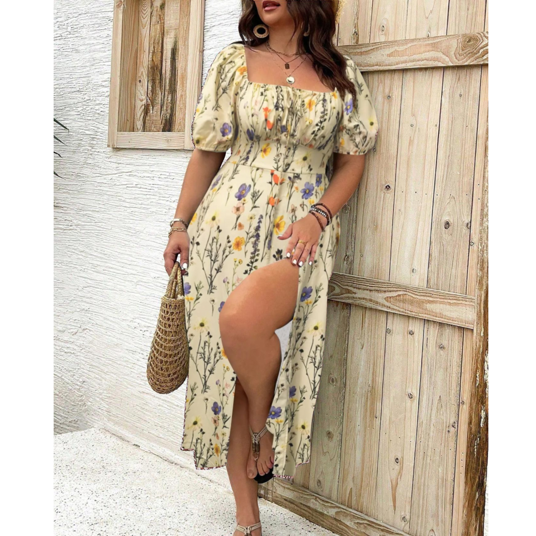 Chic plus size long formal dress with delicate puff sleeves, a timeless piece for your wardrobe.