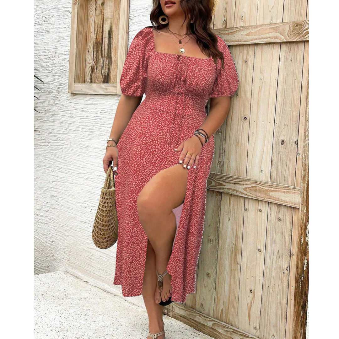 Women's fashion plus size long dress, elegant with puff sleeves, ideal for a refined look.