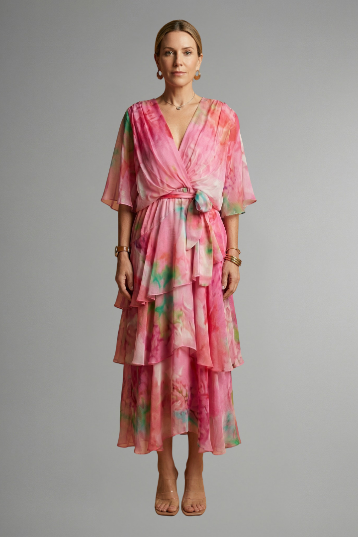 Stylish long-sleeve women's maxi dress, vibrant print, comfortable V-neck, ideal for casual outings.