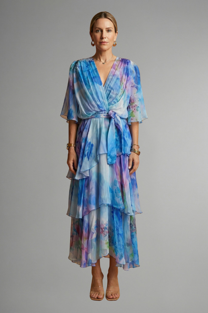 Chic women's printed maxi dress, V-neck, and a graceful flowing skirt, perfect for a stylish elegant look.