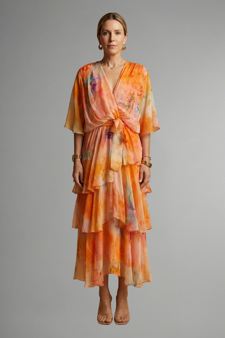 Sophisticated women's printed maxi dress with a V-neck, long sleeves, and an elegant flowing skirt.
