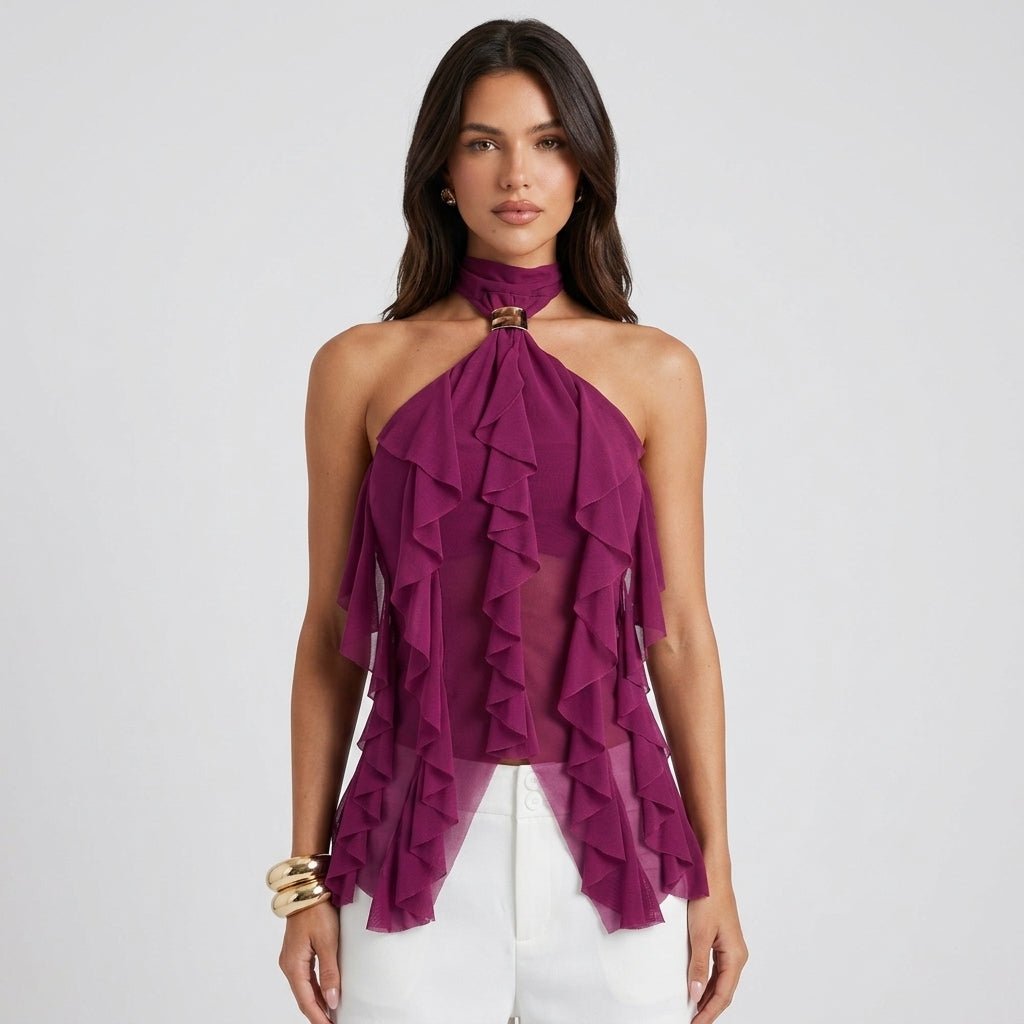 Elegant purple cascading ruffle halter top, sleeveless formal blouse for women's special occasions.