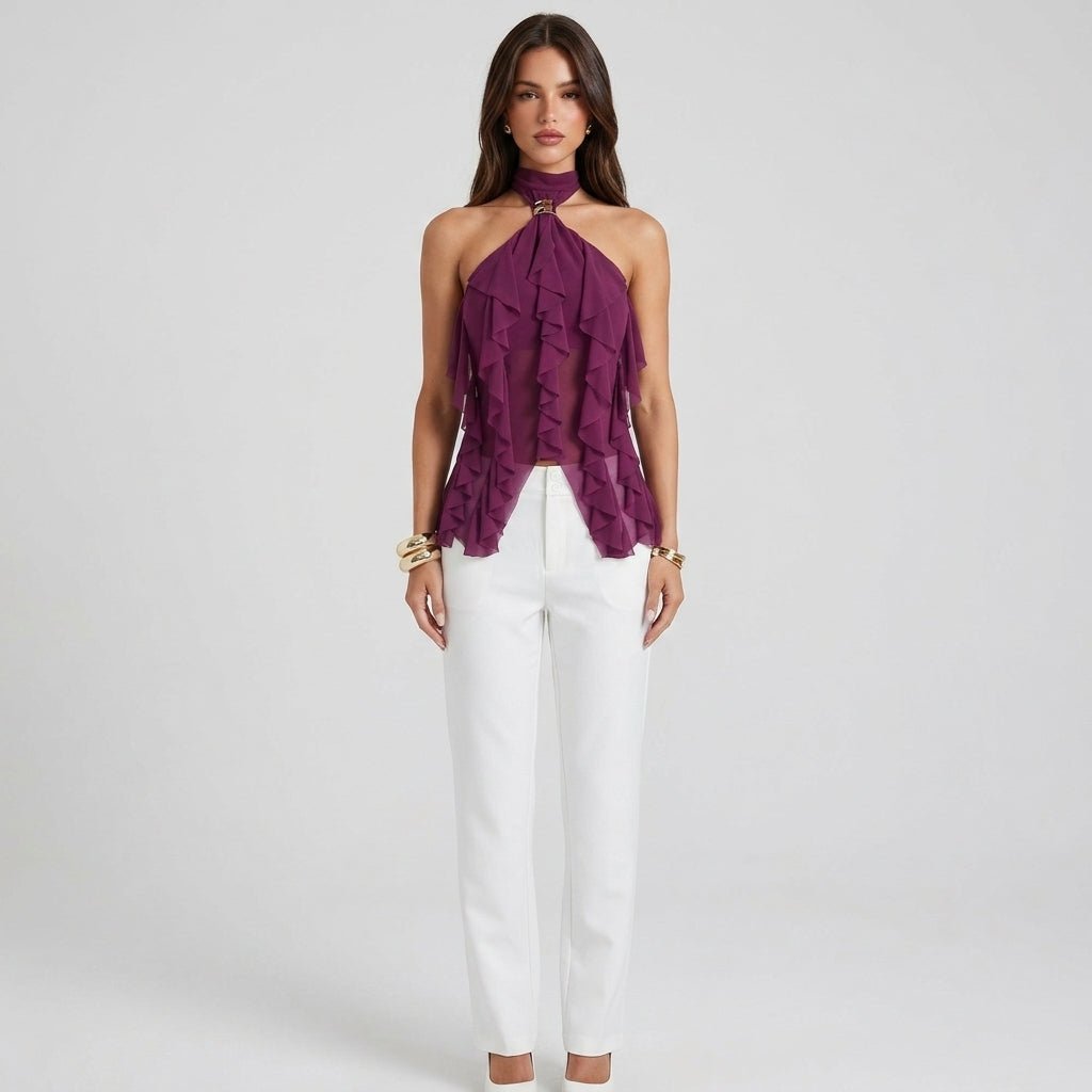 Sophisticated yellow formal halter top, women's sleeveless blouse with cascading ruffles & mock neck.