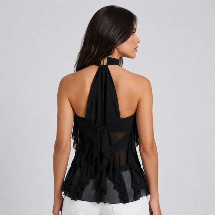 Stylish purple sleeveless halter top for women, featuring cascading ruffles & elegant design.