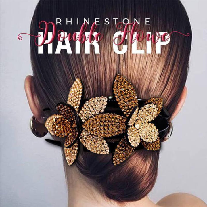 Elegant rhinestone double flower hair clip, perfect for women's updos and hair buns, a stylish hair accessory.