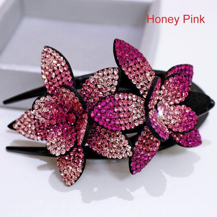 Elegant women's hair barrette with a double flower rhinestone design, a top pick for hair accessories.
