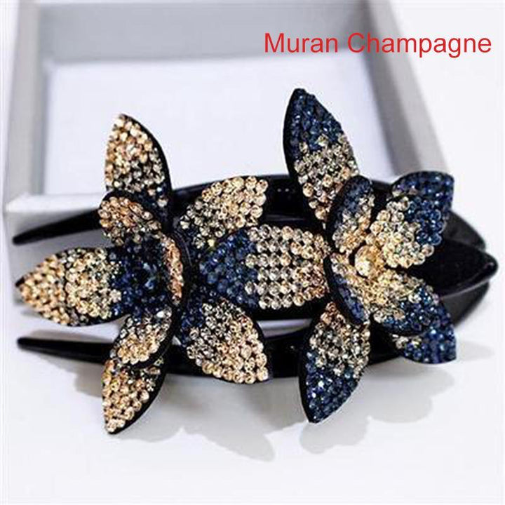 Rhinestone double flower hair clip in use on a model's hair, showcasing its beauty and hold.